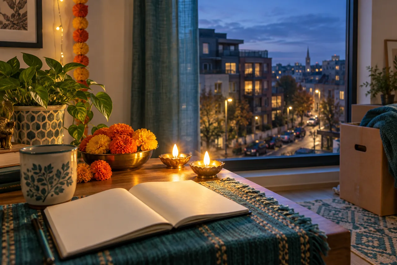 Two small diya lights, marigolds and a blank notebook beside an apartment window in an unfamiliar city.